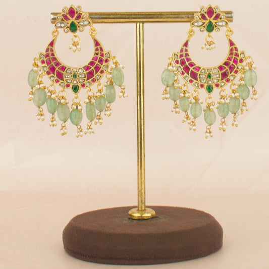 Lotus Design Jadau Kundan Chand Bali with Green Beads