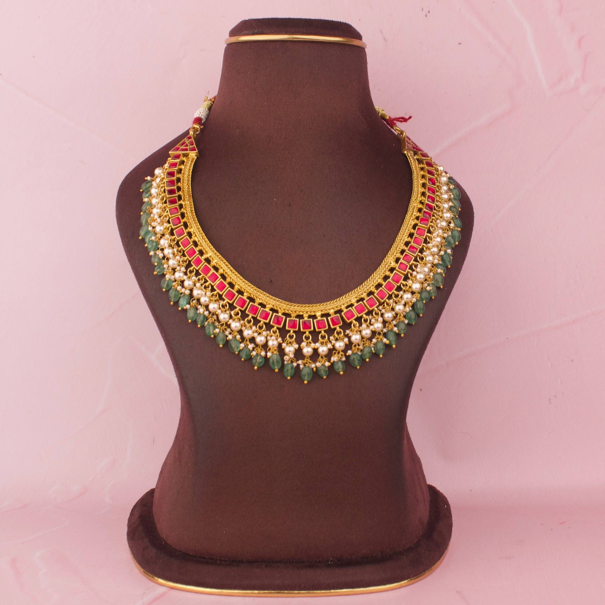 Premium gold Temple Reversible 2 in 1 Jadau Kundan Jalebi Necklace With Beads Hanging