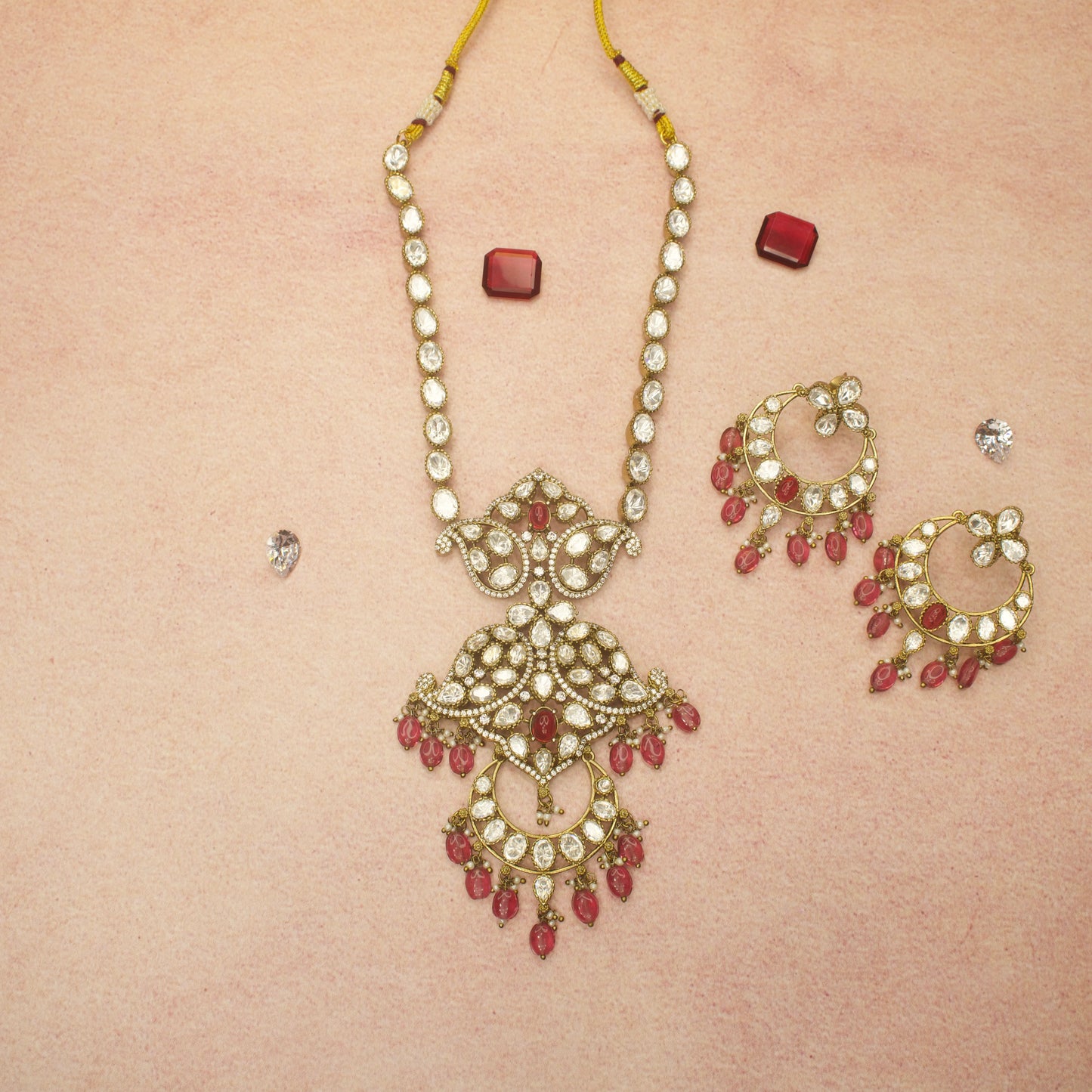 Charming Polki Victorian Necklace Set with Chandbali Earrings