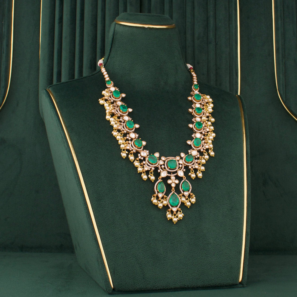 Elegant Emerald Victorian Necklace With Pearl Drops And Matching Earrings Close-up Design & Gemstone Detailing - Dulhan Jewels