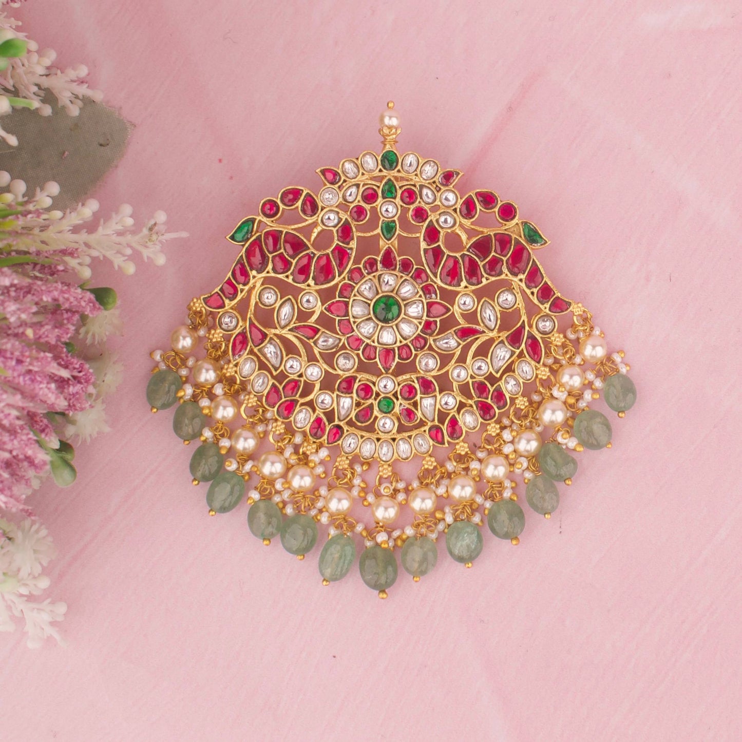 Traditional Jadau Kundan Pendant With Green Hangings