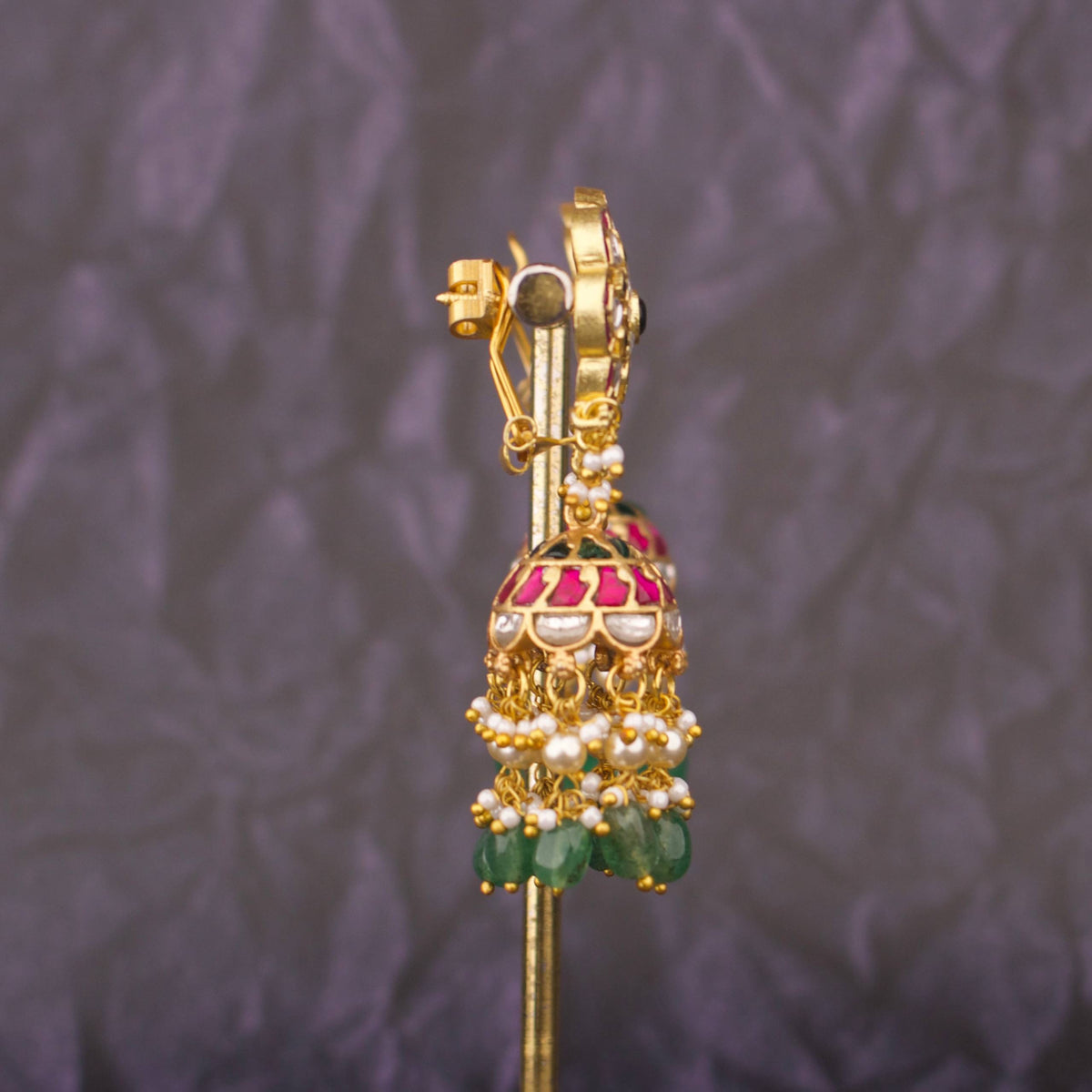 Traditional Jadau Kundan Jhumki With Multi-Stone Floral And Green Hangings - Alternate View 1
