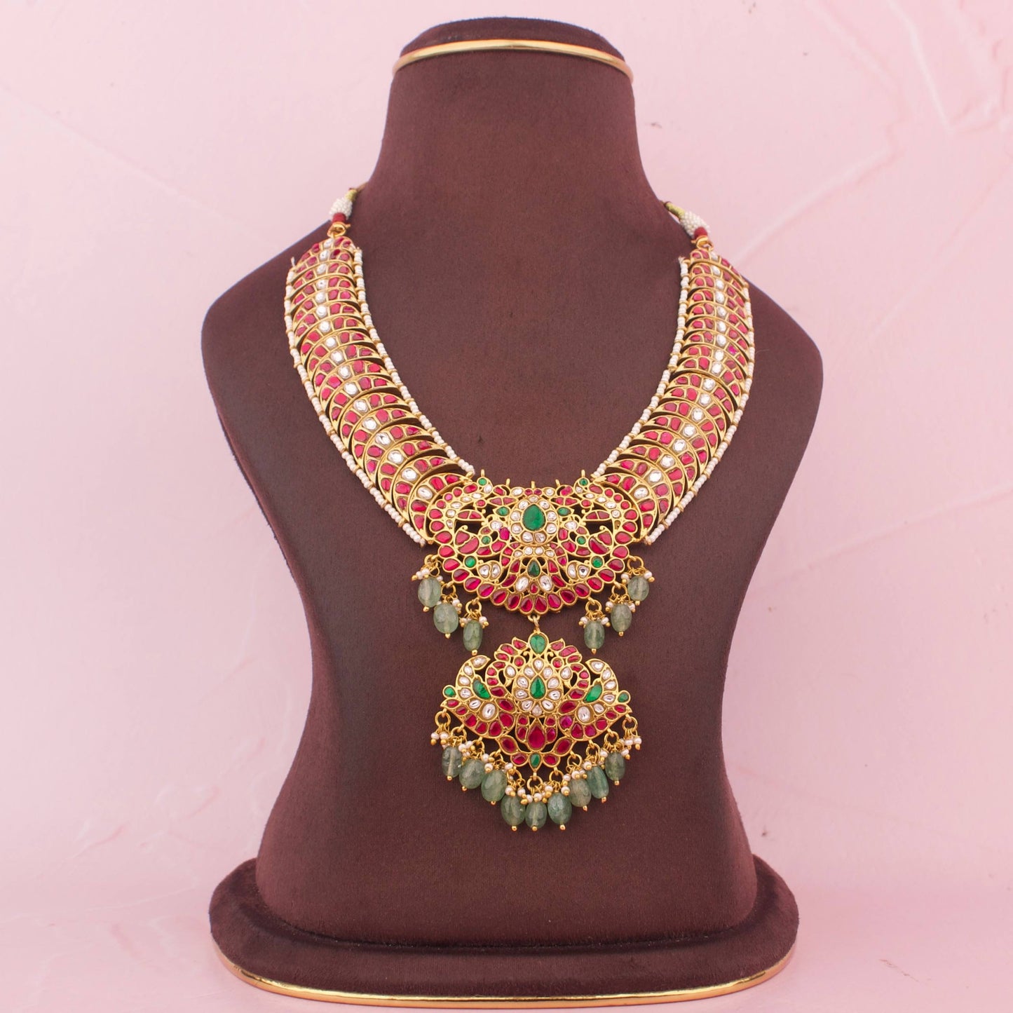 Chand Inspired Jadau Kundan Designer Statement Necklace With Floral Detailing And Peacock Locket