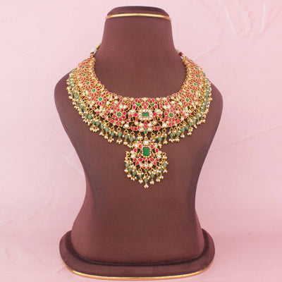 Bridal Jadau Kundan Necklace With Green Bead Drops