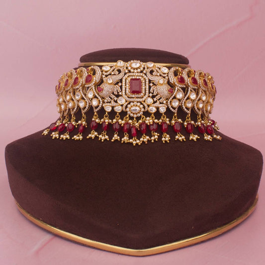 Bridal 925 Silver Polki Choker With Ruby Beads & Pearls Hangings