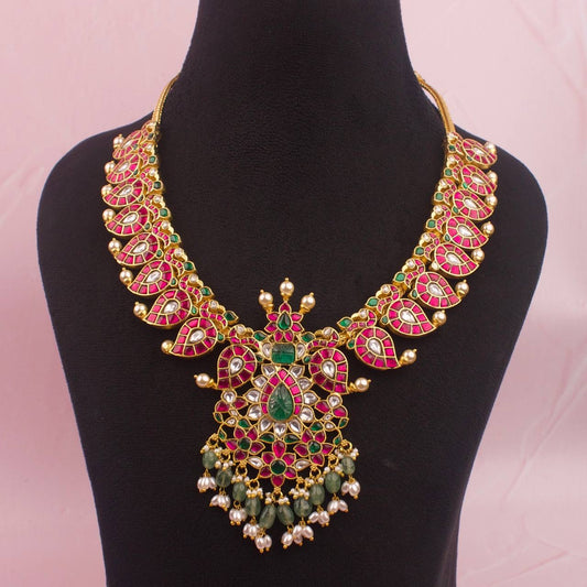 Gold Inspired Jadau Kundan Mango Necklace With Guttapusalu Hangings