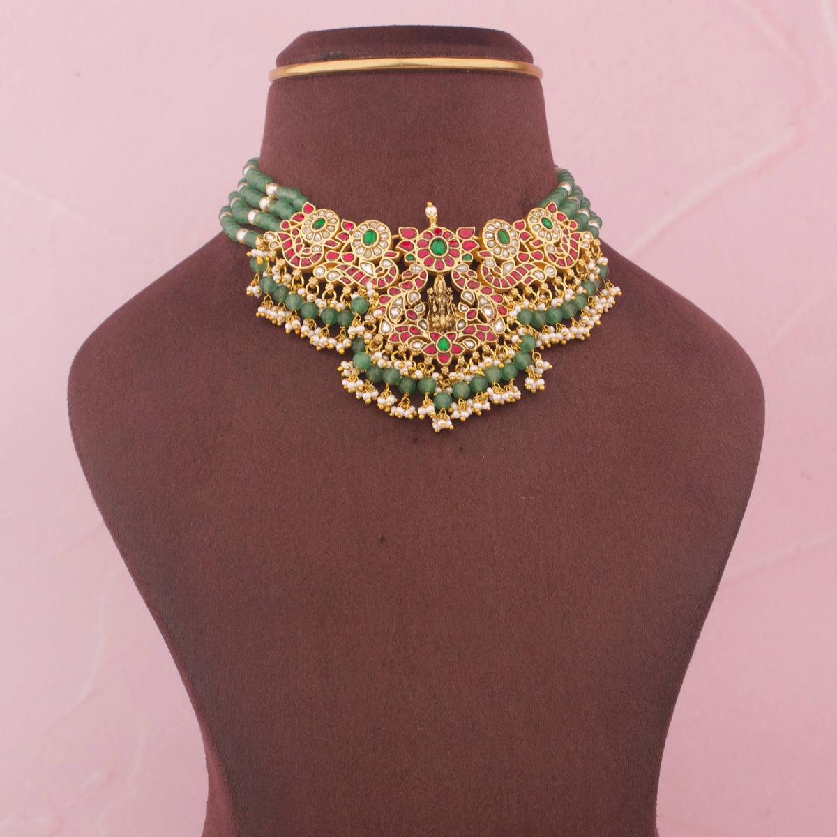 Green Beaded Kundan Choker With Pearl Hangings
