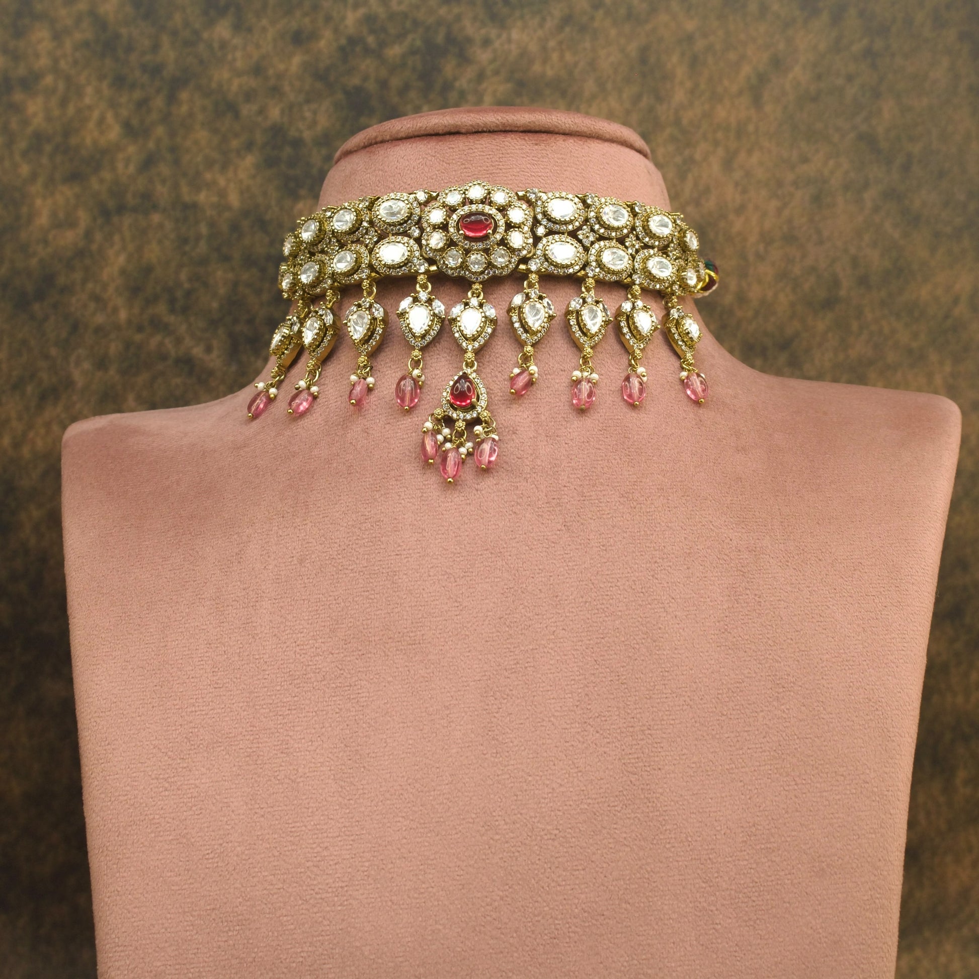 Victorian Grace Polki Choker Necklace Set in Red and Green with High quality Victorian finish