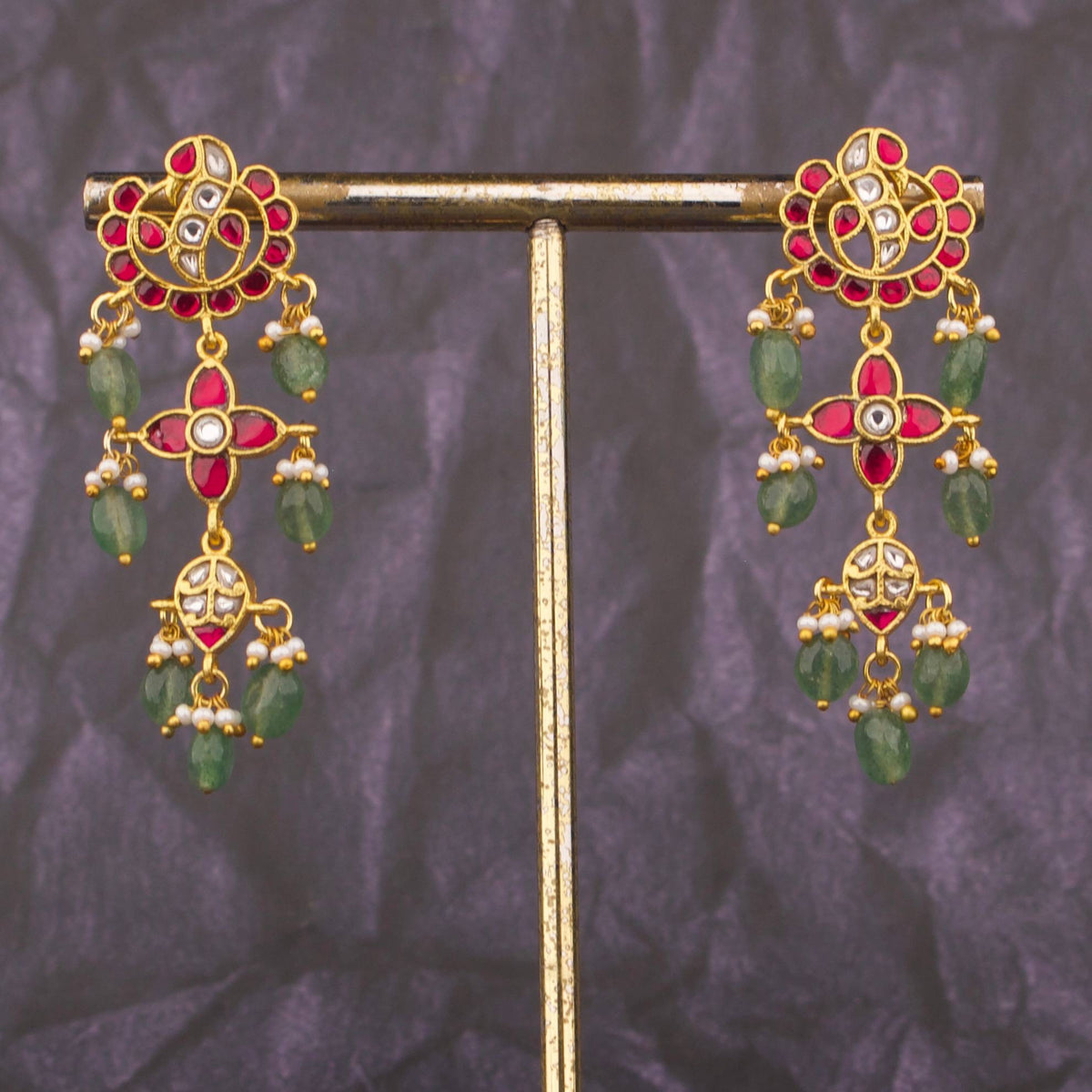 Unique Jadau Kundan Earrings With Green Drops - Handcrafted Indian Bridal Jewelry by Dulhan Jewels