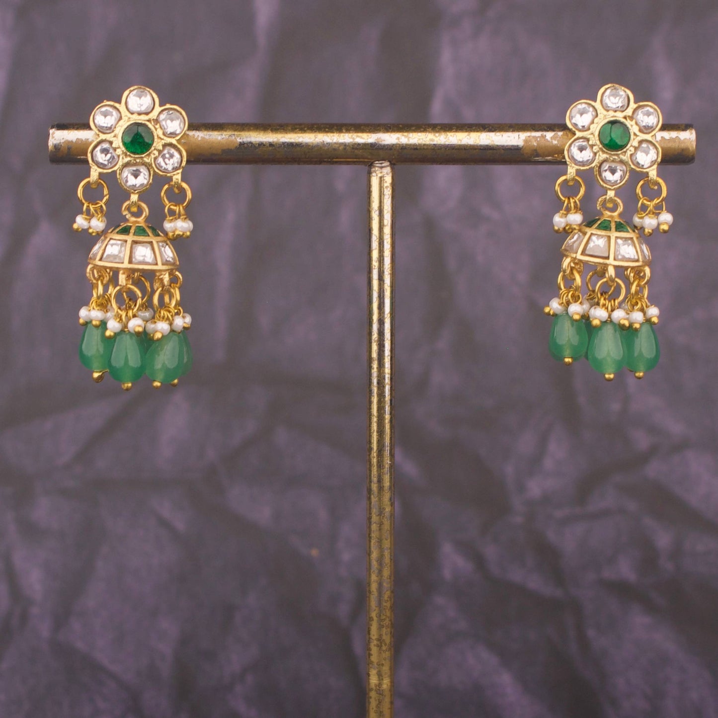 Classic Jadau Kundan Jhumka Earrings With Green Hangings