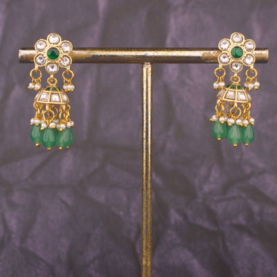 Classic Jadau Kundan Jhumka Earrings With Green Hangings