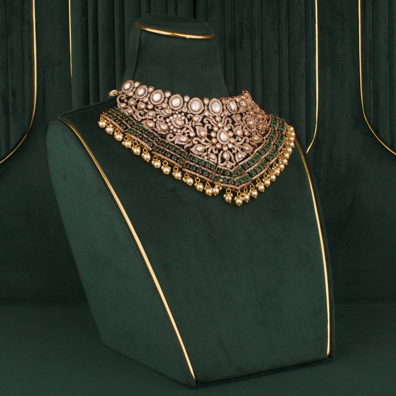 Traditional Moissanite Polki Choker Set With Matching Maangtikka & Earrings