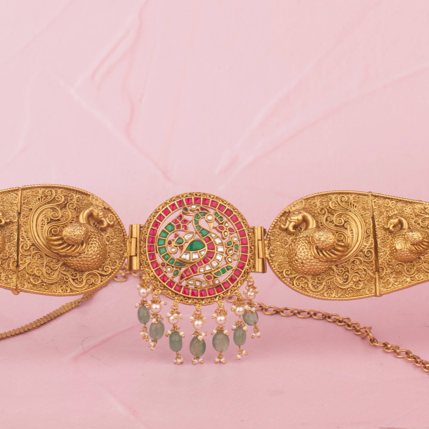 Temple Peacock Vaddanam Hip Belt With Pearls And Green Beads