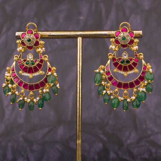 Jadau Kundan Crescent Chandbali Earrings With Emerald Green Drops