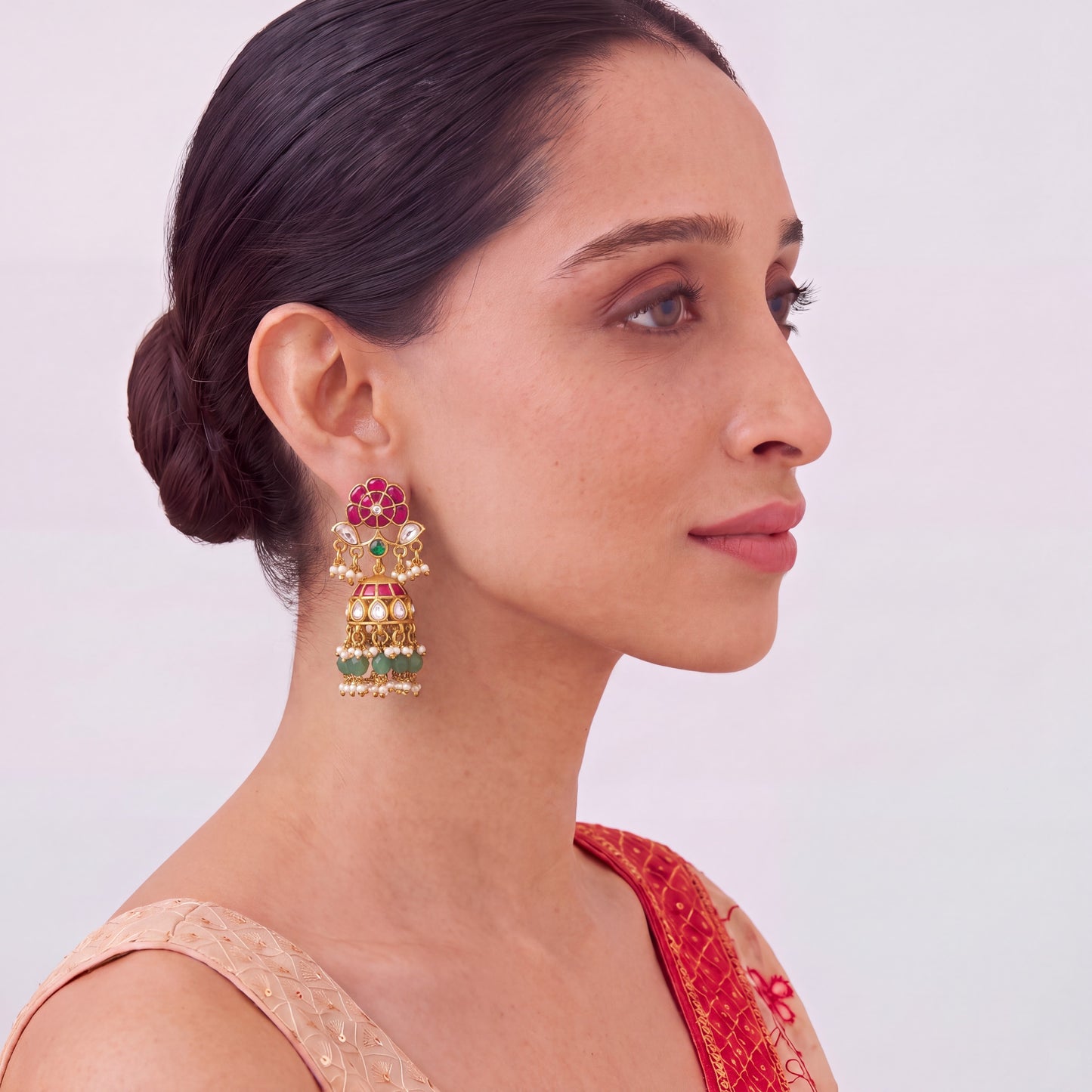 Ethnic Jadau Kundan Jhumki Earrings With Green Hangings