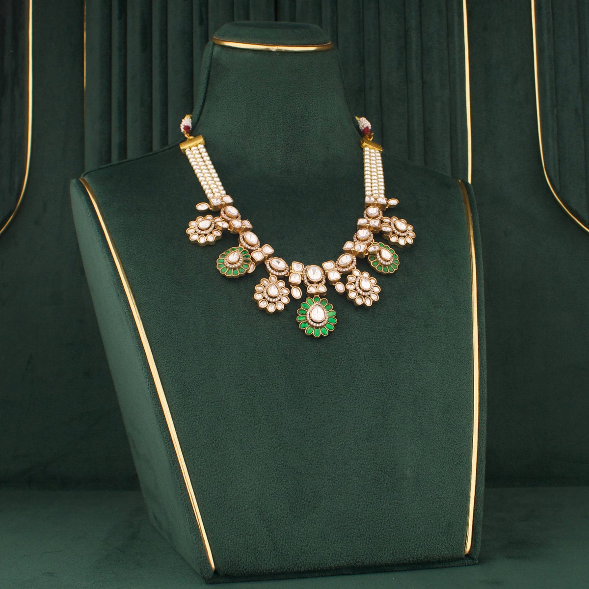 Emerald Polki Necklace Set With Floral Motifs And Matching Earrings