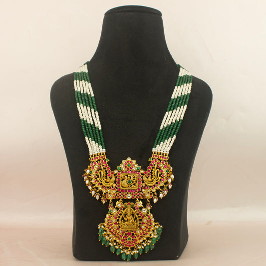 Traditional bridal nakshi jadau kundan beads mala with green and white strands