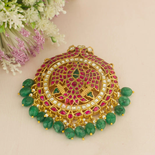 Majestic Jadau Kundan Locket with Peacock  design & Russian Beads Hanging