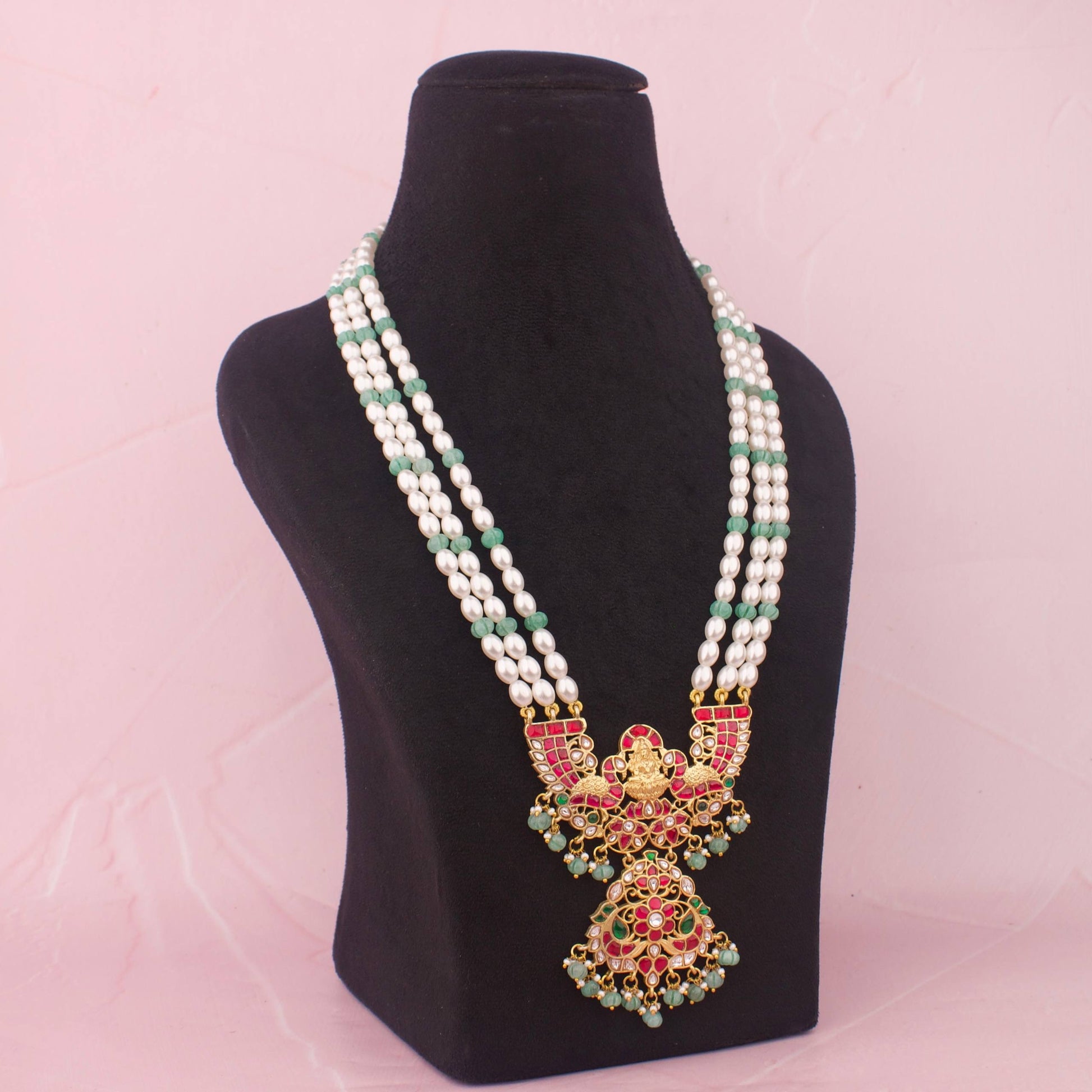 Close-Up Detail View of Peacock Lakshmi Devi Design Locket Jadau Kundan Rani Haar | Dulhan Jewels