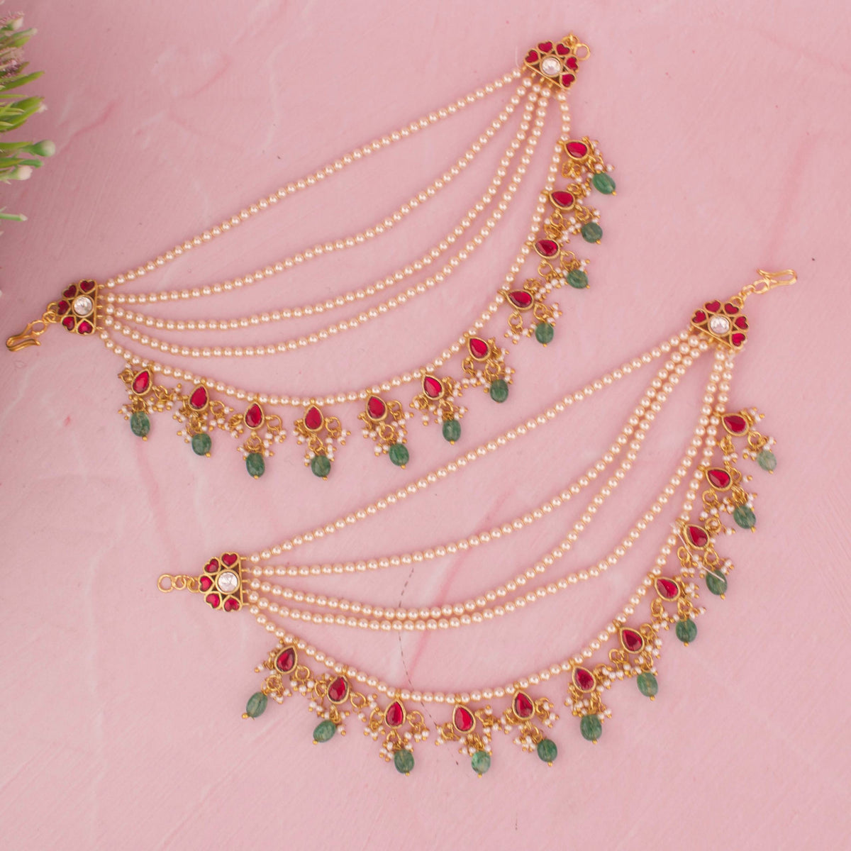 Pearl Jadau Kundan Champasaralu With Green Drops Craftsmanship & Detail View - Dulhan Jewels