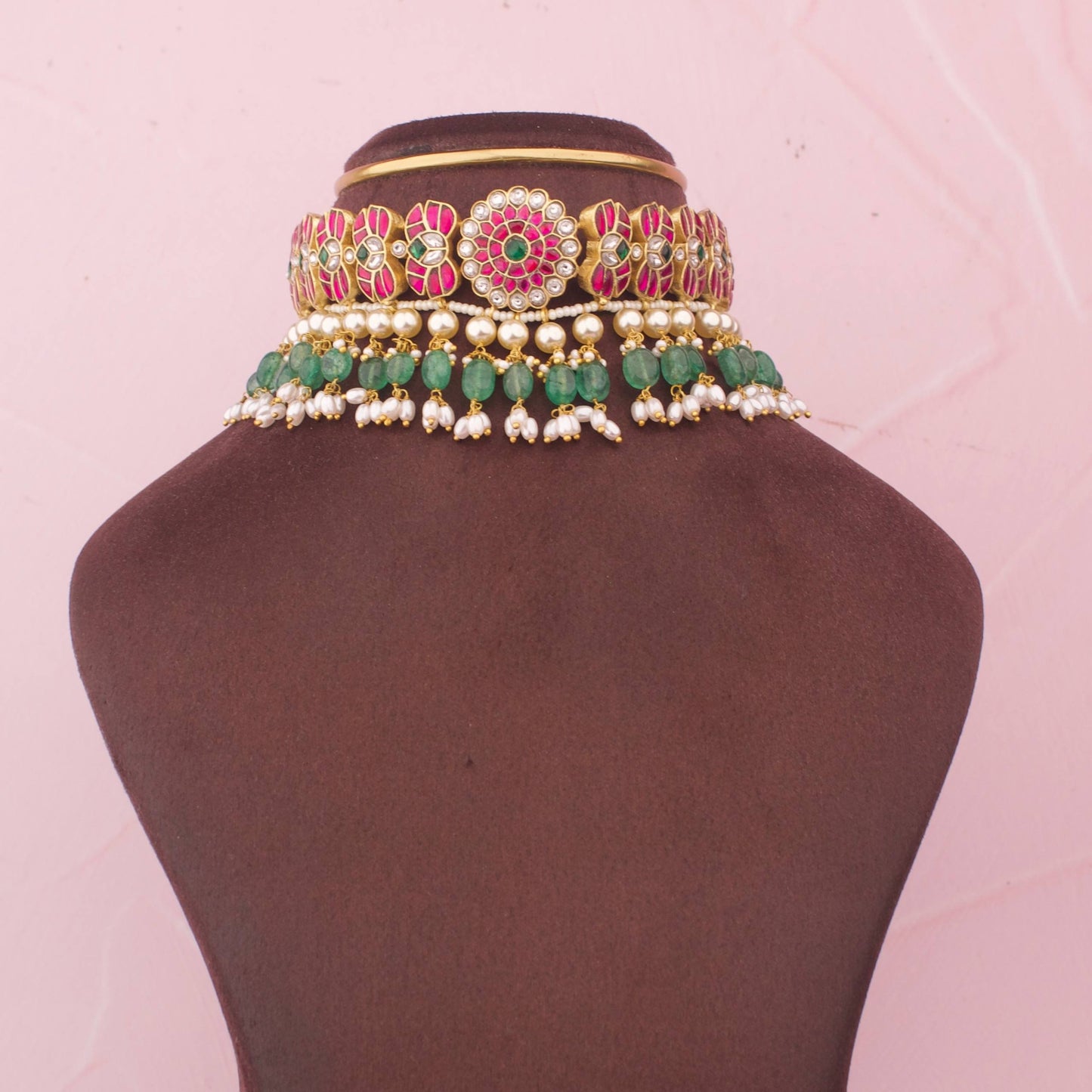 Royal Floral Jadau Kundan Choker With Pearl Layered Drops