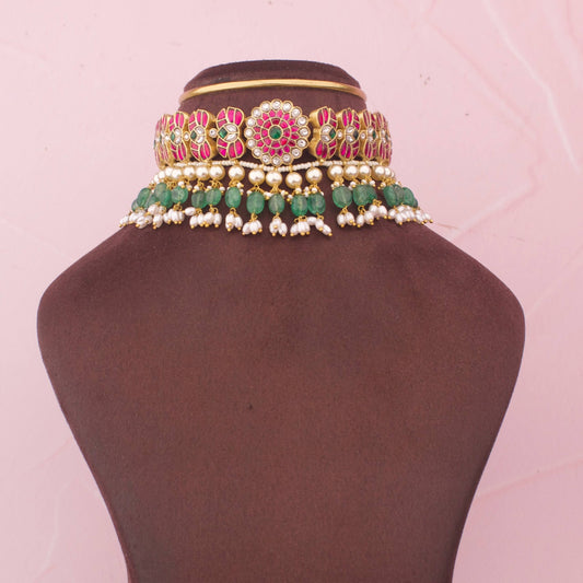 Royal Floral Jadau Kundan Choker With Pearl Layered Drops