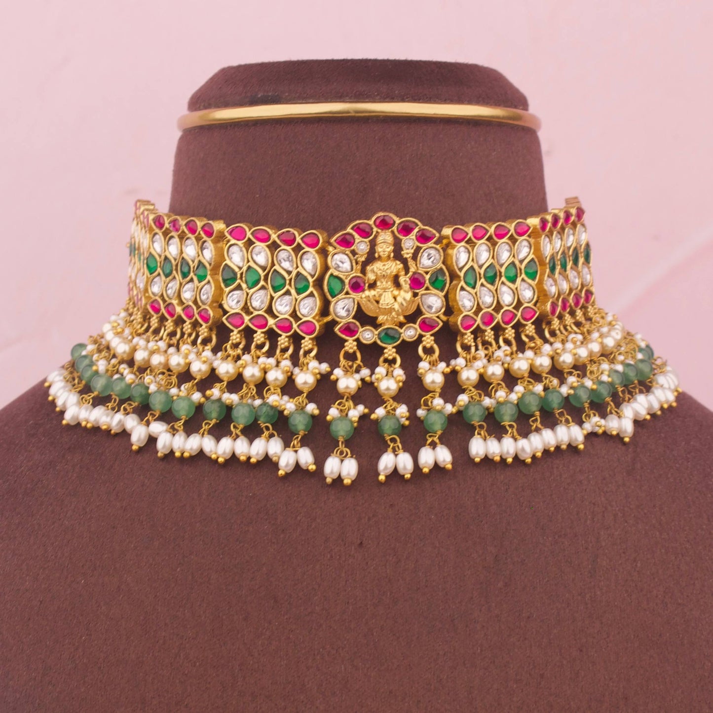 Gold Finish Jadau Kundan Choker Lakshmi Devi Design With Green Beads Hangings - Premium Indian Ethnic Jewelry | Dulhan Jewels