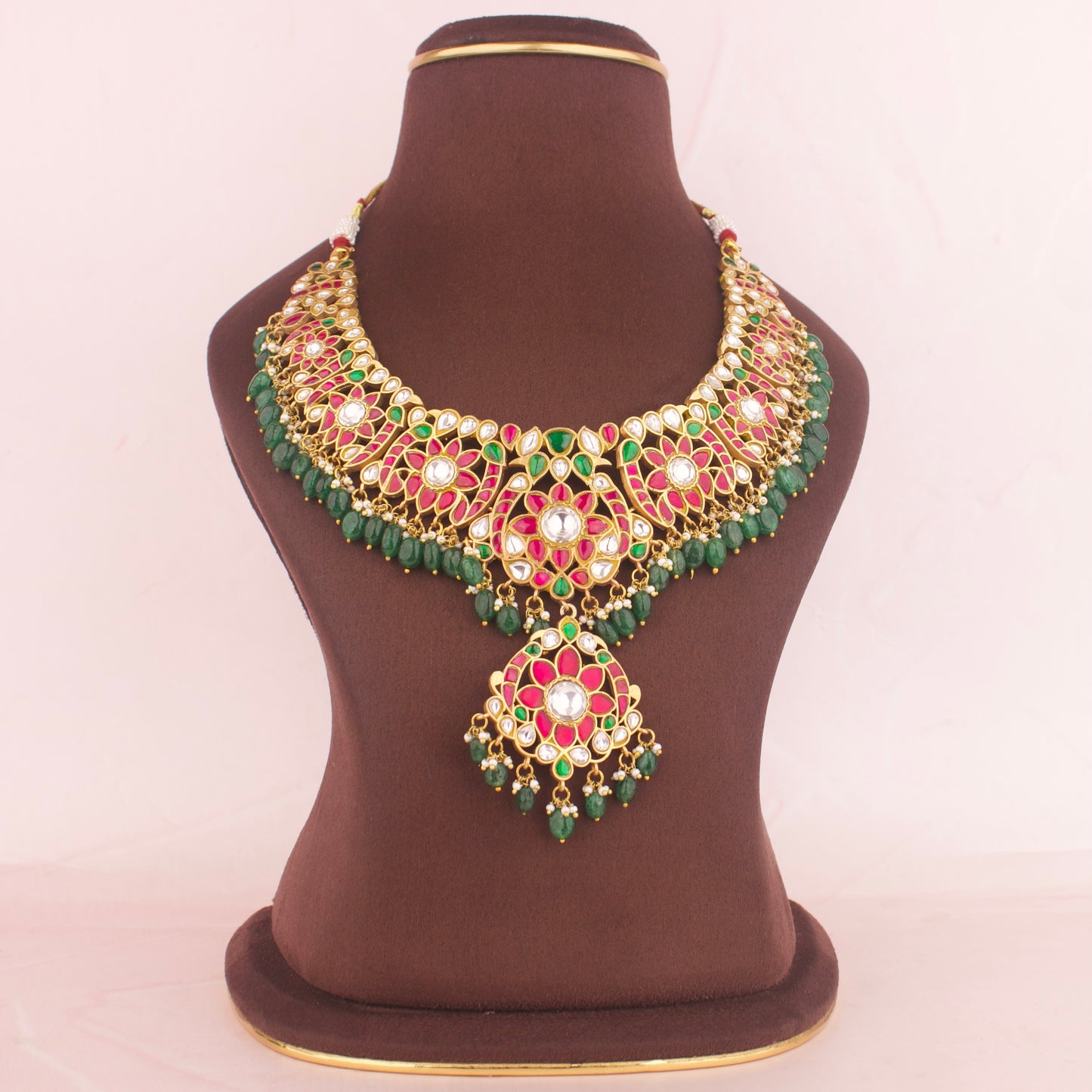 Elegant Floral Design Jadau Kundan Short Necklace with Green Beads Hanging - DULHAN JEWELS