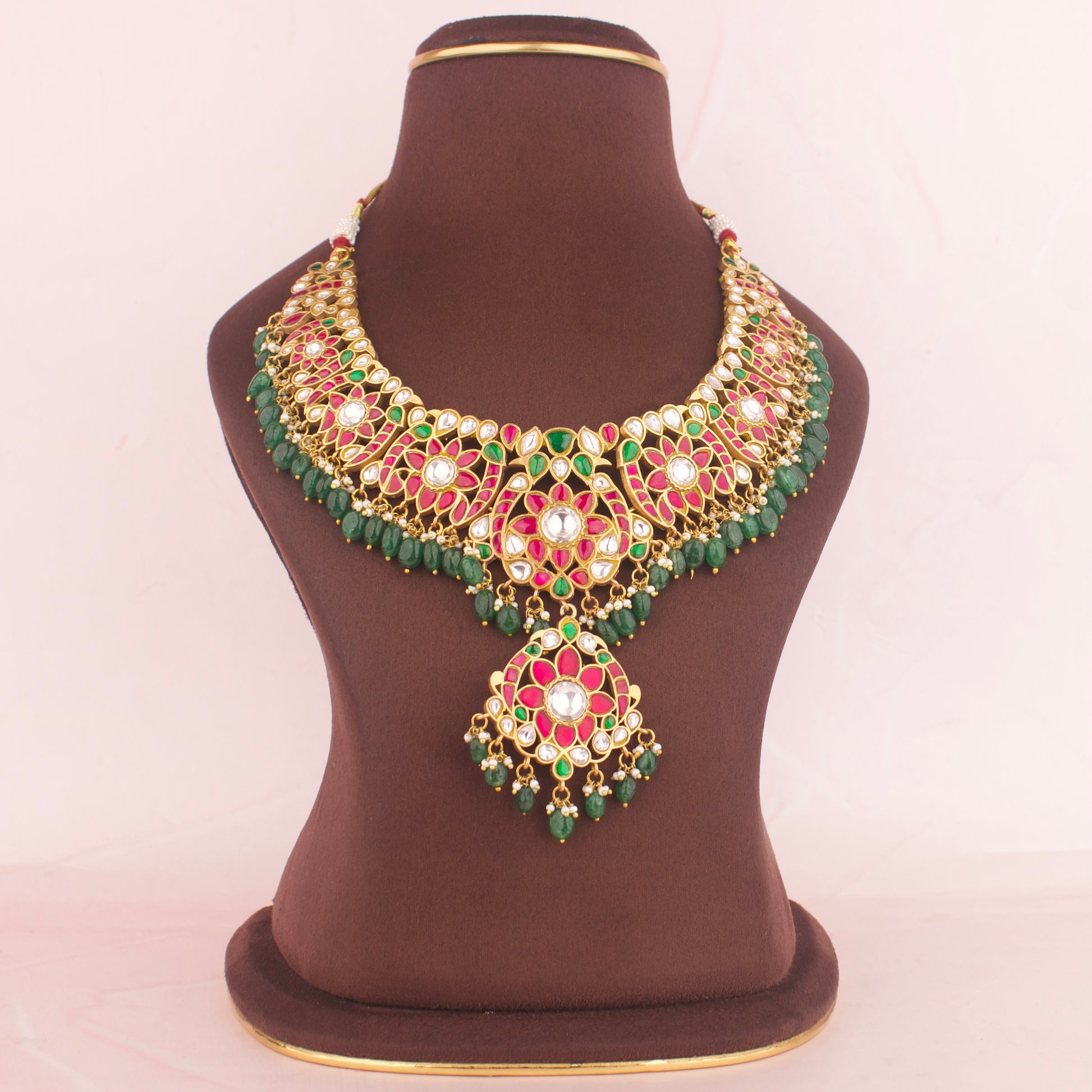 Elegant Floral Design Jadau Kundan Short Necklace with Green Beads Hanging - DULHAN JEWELS