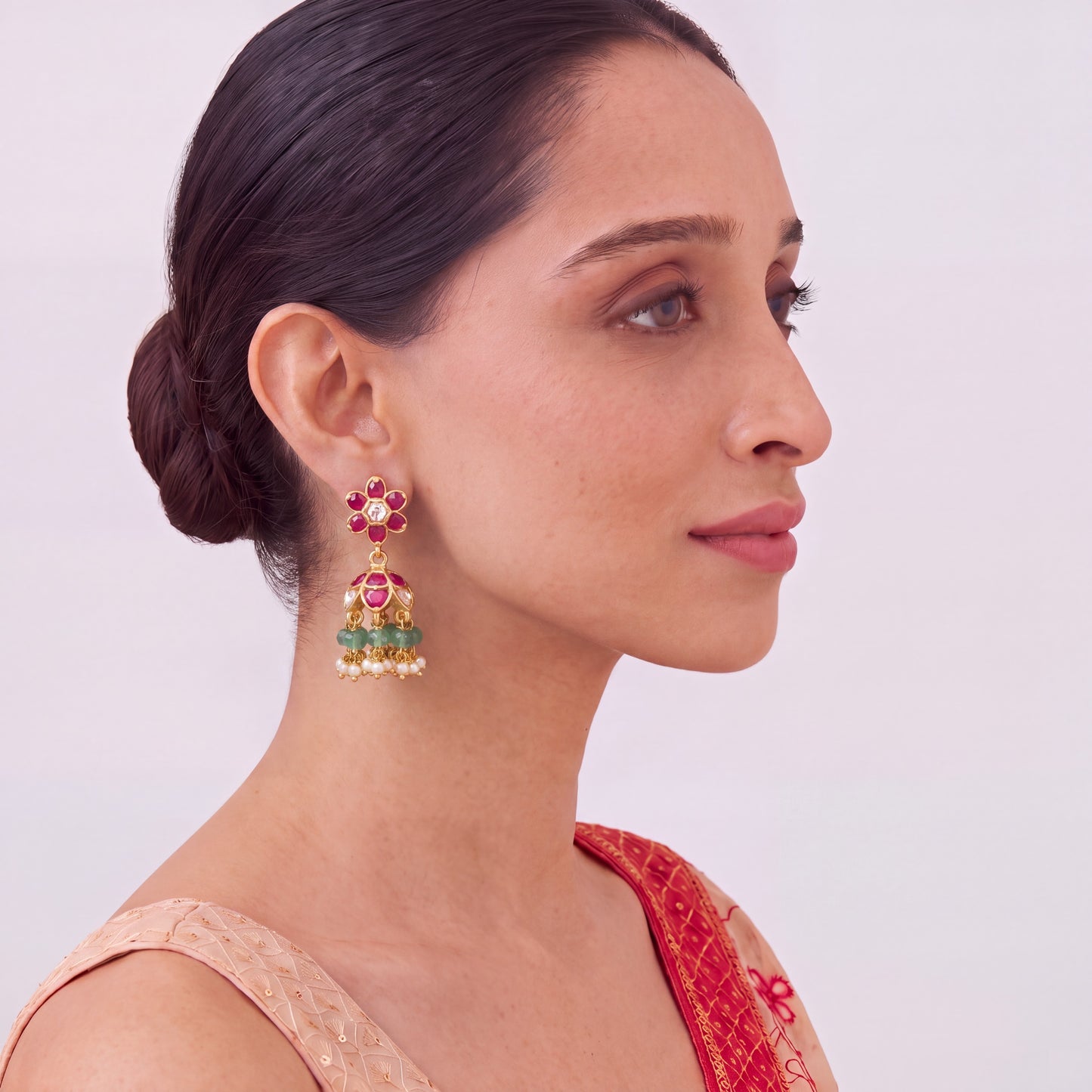 Mini Jadau Kundan Jhumki Earrings With Pearl Hangings
