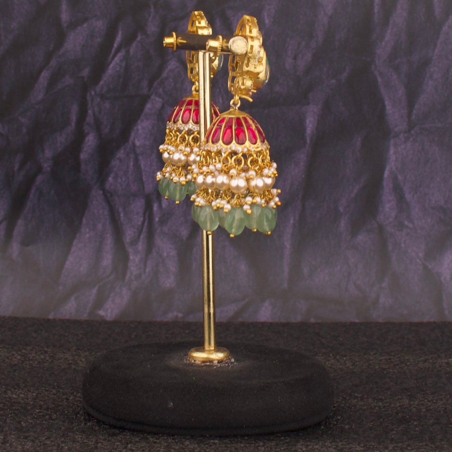 Bridal Gold Style Jadau Kundan Jhumki with Green Beads - DULHAN JEWELS