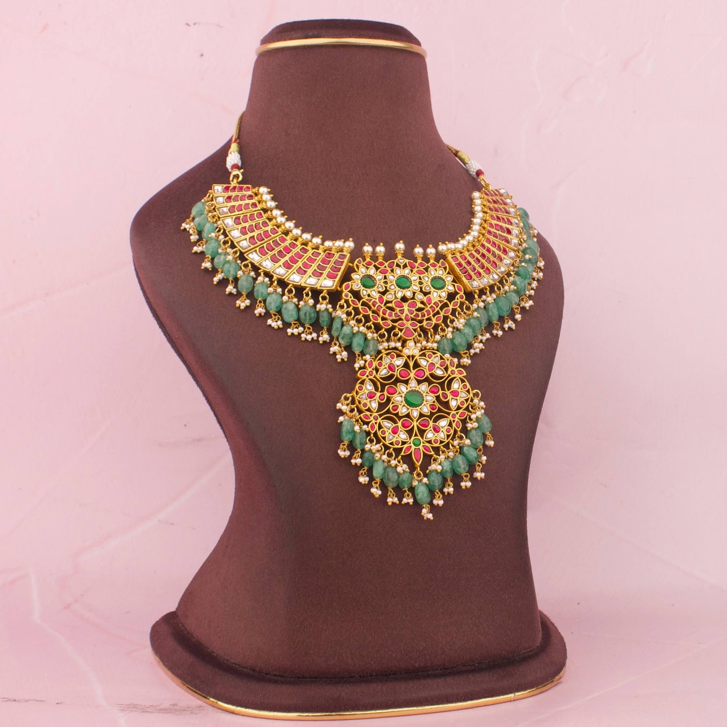 Opulent Jadau Kundan Necklace With Emerald Beads And Statement Locket