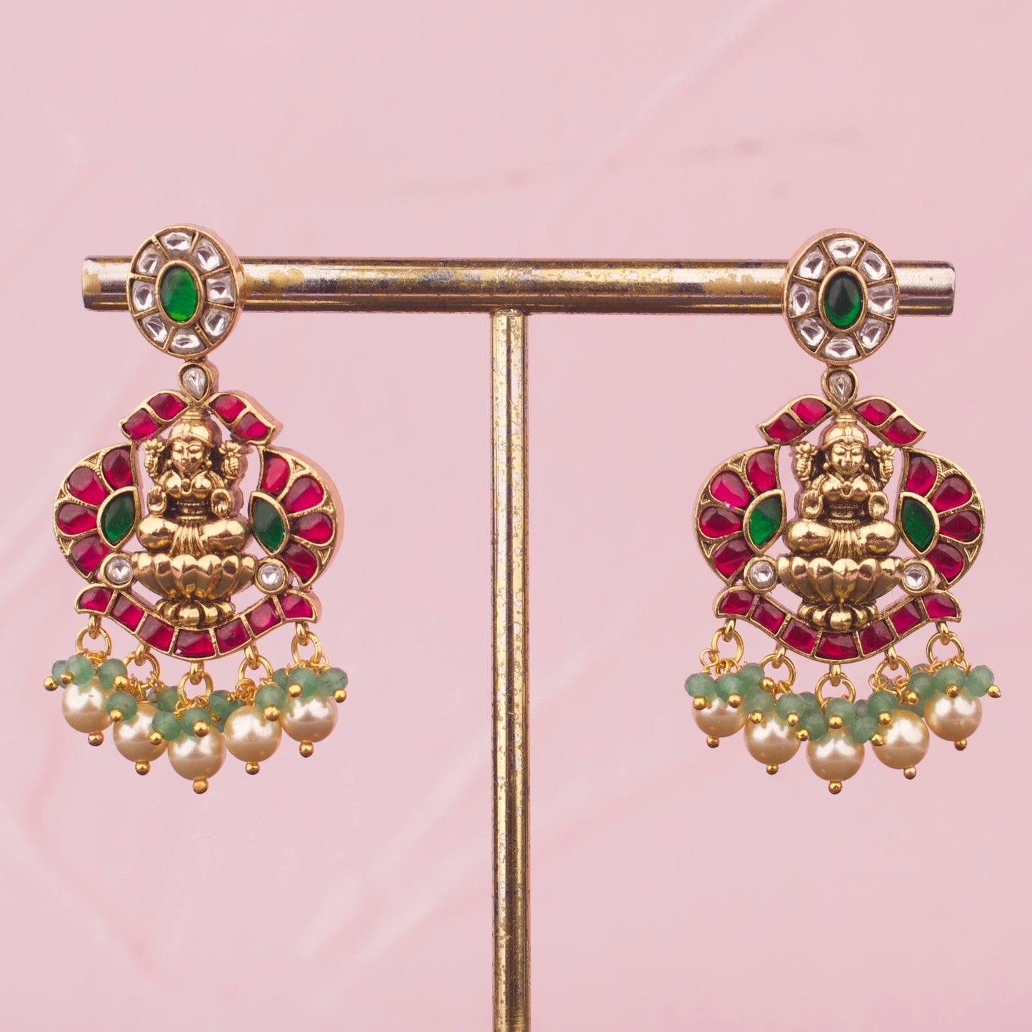 Designer Jadau Kundan Temple Necklace Set With Lakshmi Devi Pendant