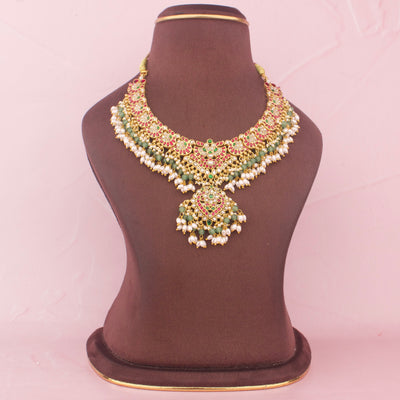 Elegant Jadau Kundan Necklace With Rice Pearl Drops