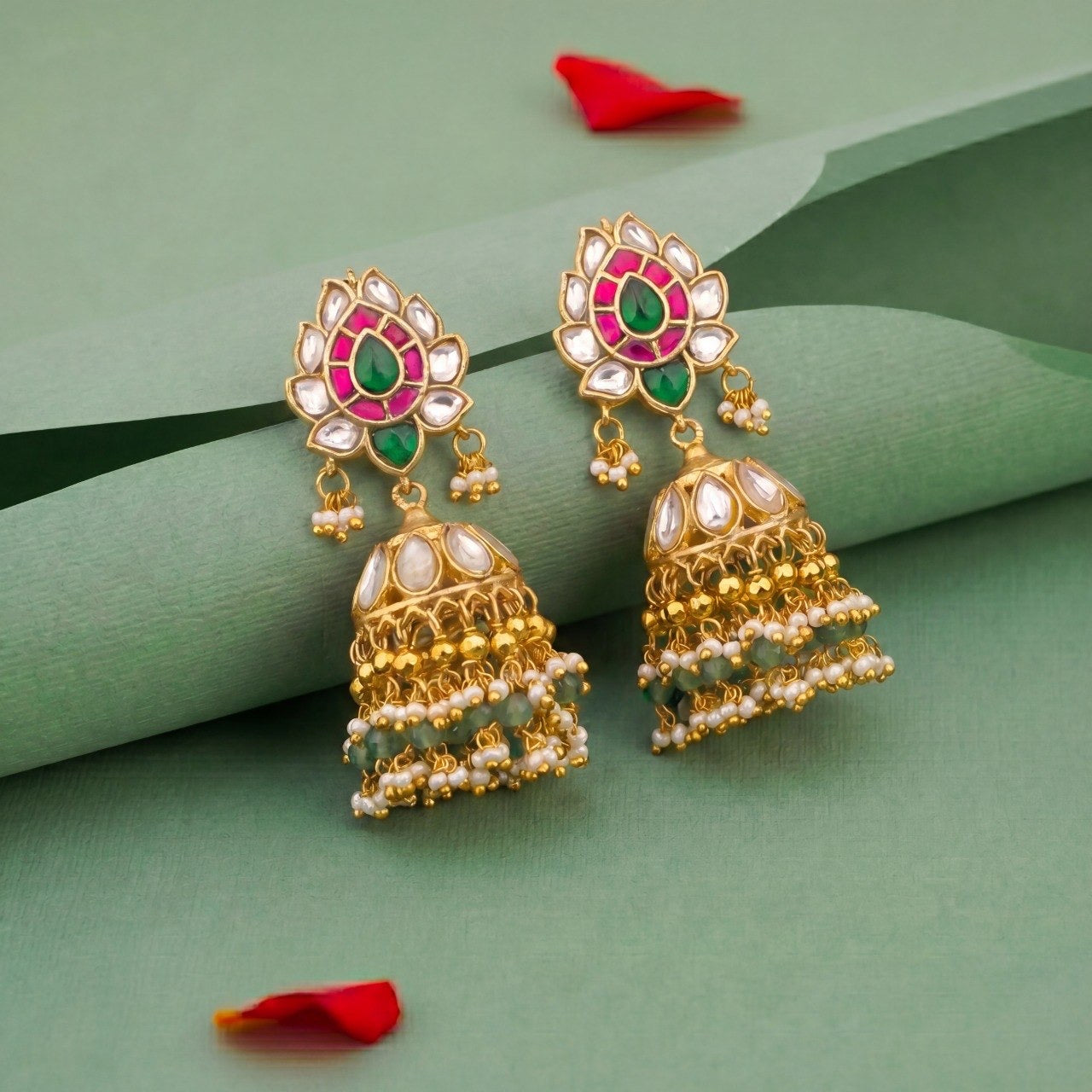 Luxury Floral Jadau Kundan Jhumkas With Multi Pearl Layers