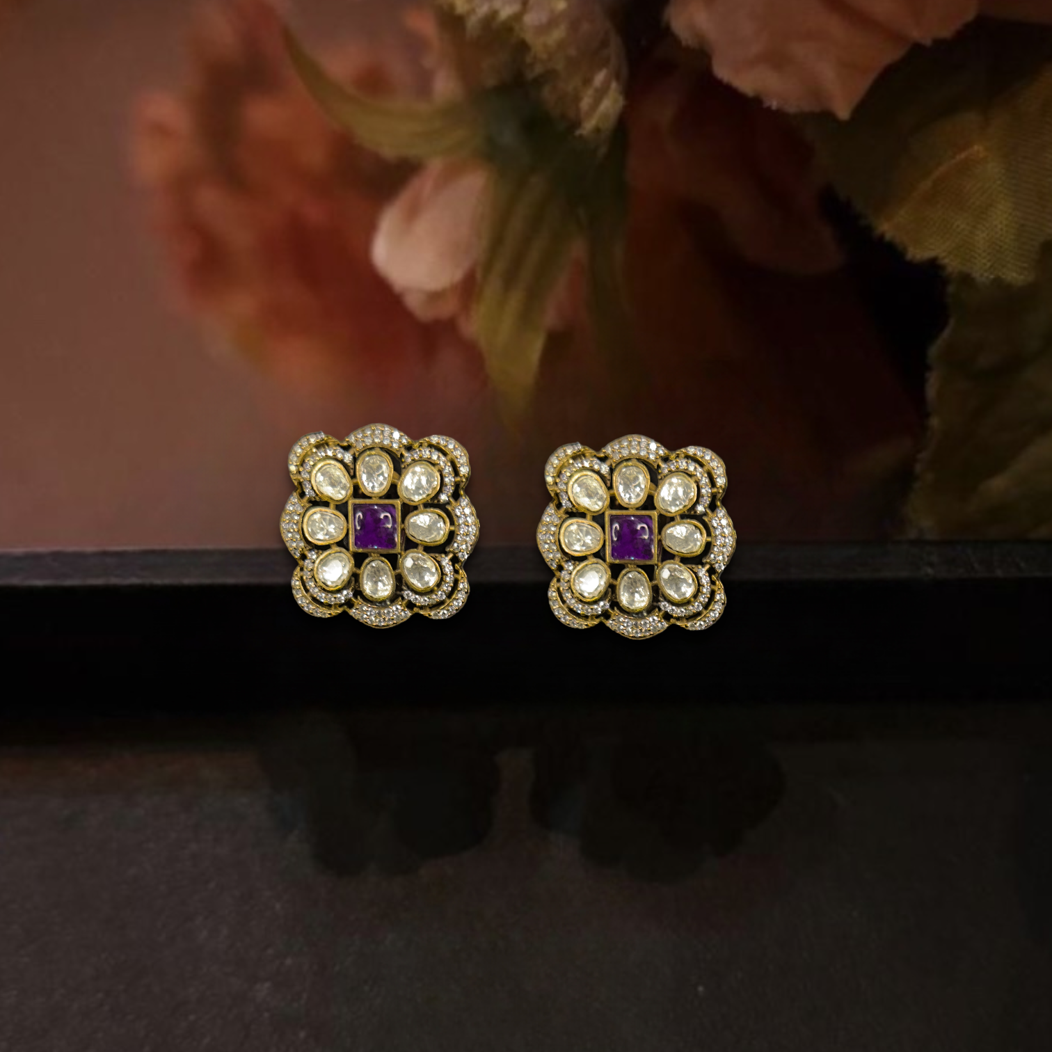 Elaine Victorian Polki Studs with Zircon. This Victorian Jewellery is available in a Purple colour variant. 