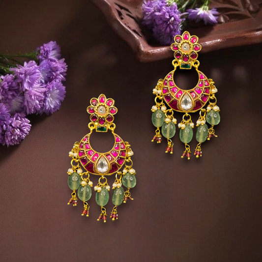 Exquisite Floral Jadau Kundan Chandbali with Beads