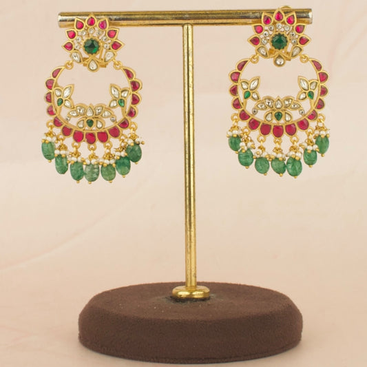 Heritage Floral Design Studded Jadau Kundan Chandbali with Green Beads
