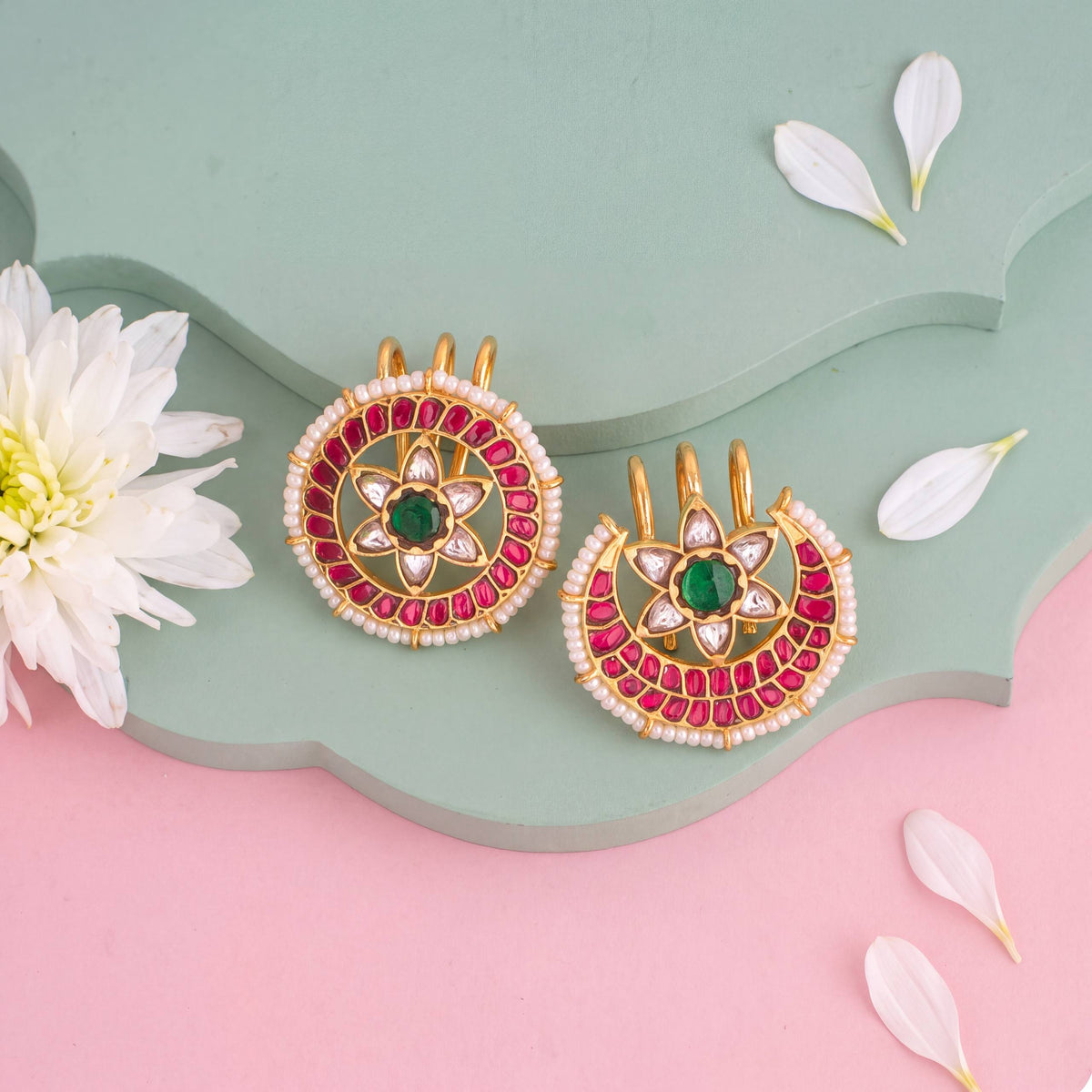 Floral Design Jadau Kundan Sun And Moon Hairpin - Handcrafted Indian Bridal Jewelry by Dulhan Jewels