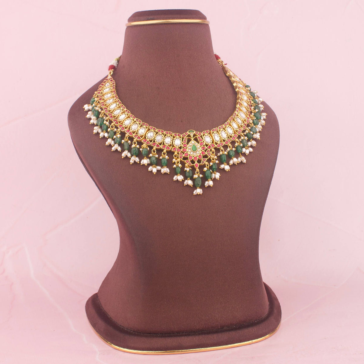 Sleek Jadau Kundan Short Necklace With Ricepearl Hangings