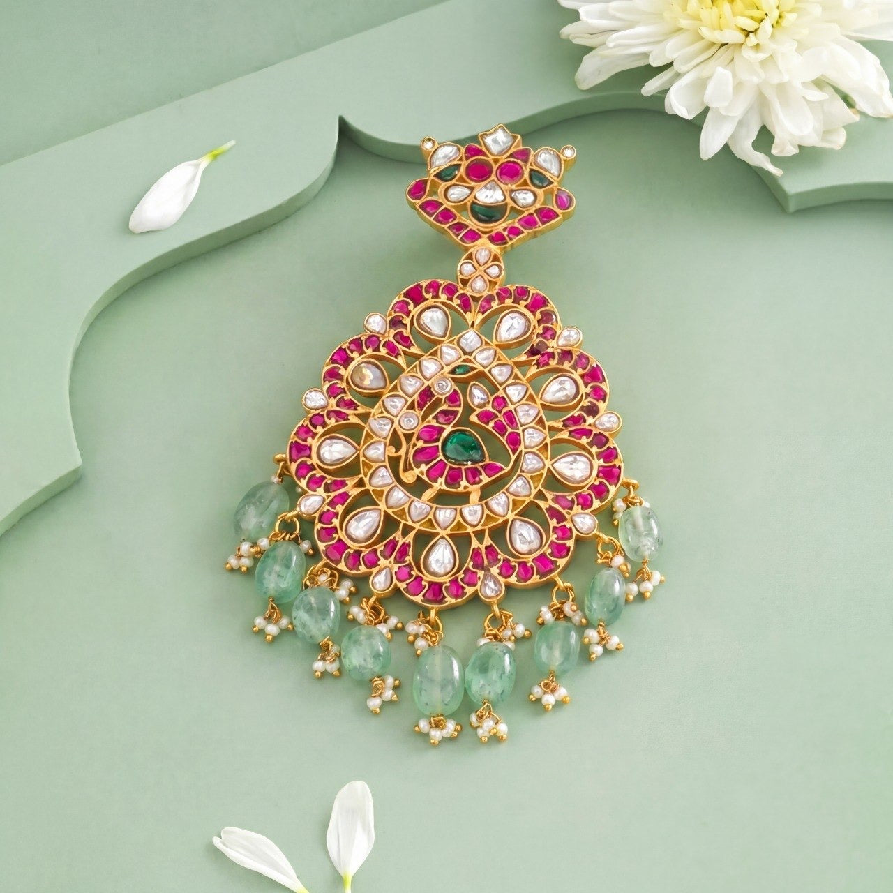Grand floral Peacock Design Jadau Kundan Locket with Green Beads