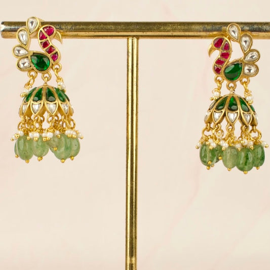 Peacock Design Jadau Kundan Jhumki with Green Beads