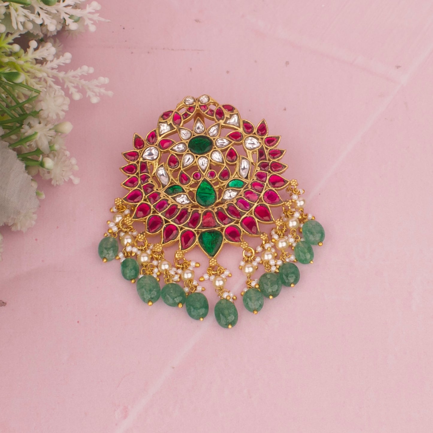 Heritage Jadau Kundan Locket With Ruby Work And Pearl Drops