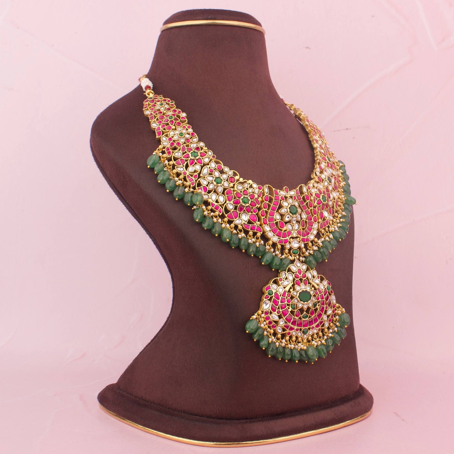 Grand Jadau Kundan Bridal Necklace With Floral Design And Emerald Green Drops