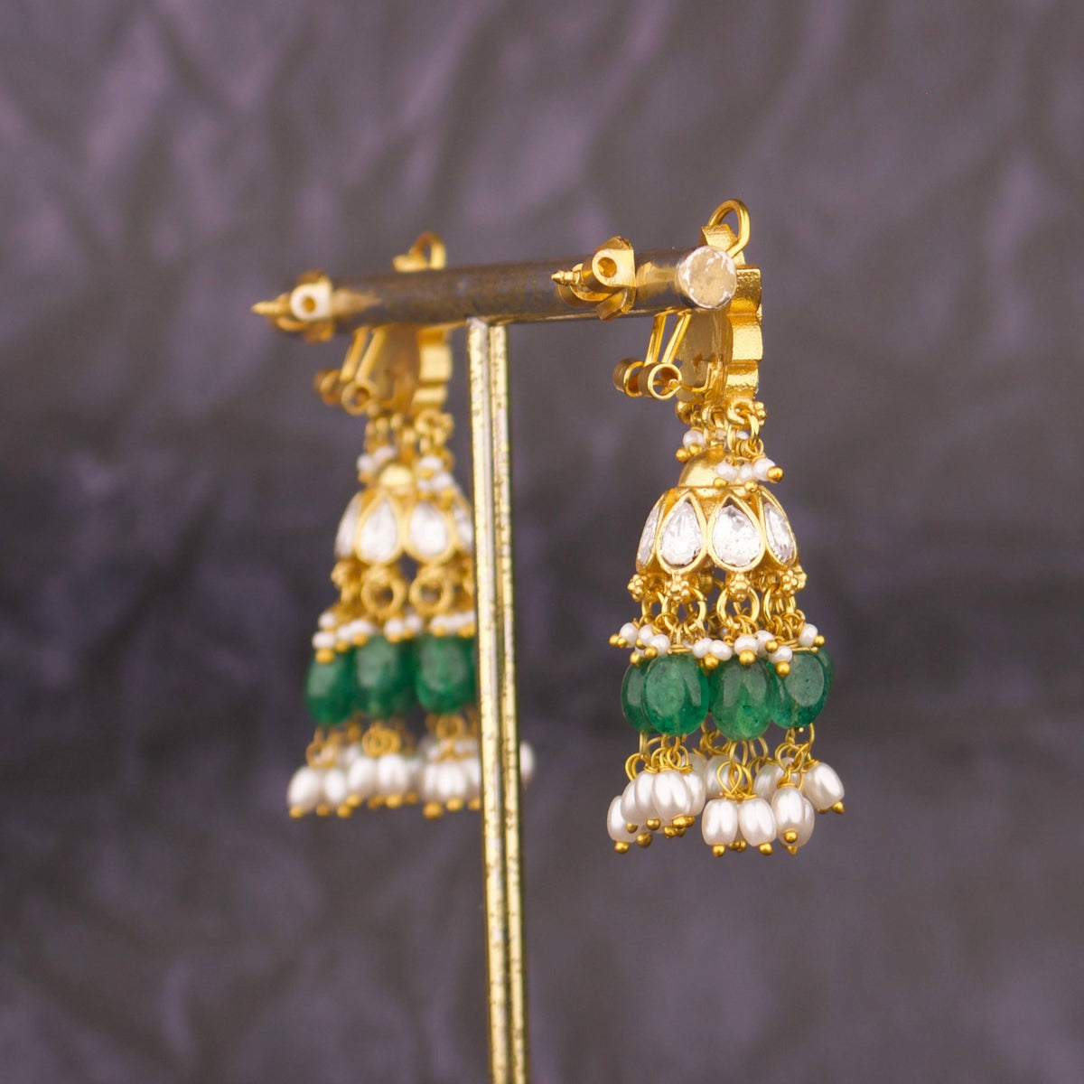 Elegant Polki Jhumka Earrings With Green Beads - Alternate View 2