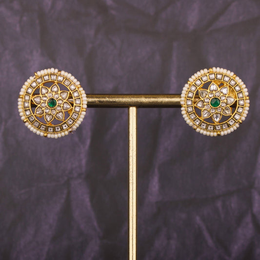 Designer Jadau Kundan Stud Earrings With Pearl Bordering