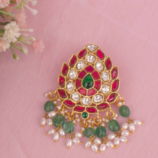 Floral Shaped Jadau Kundan Pendant With Beads & Pearl As Hanging