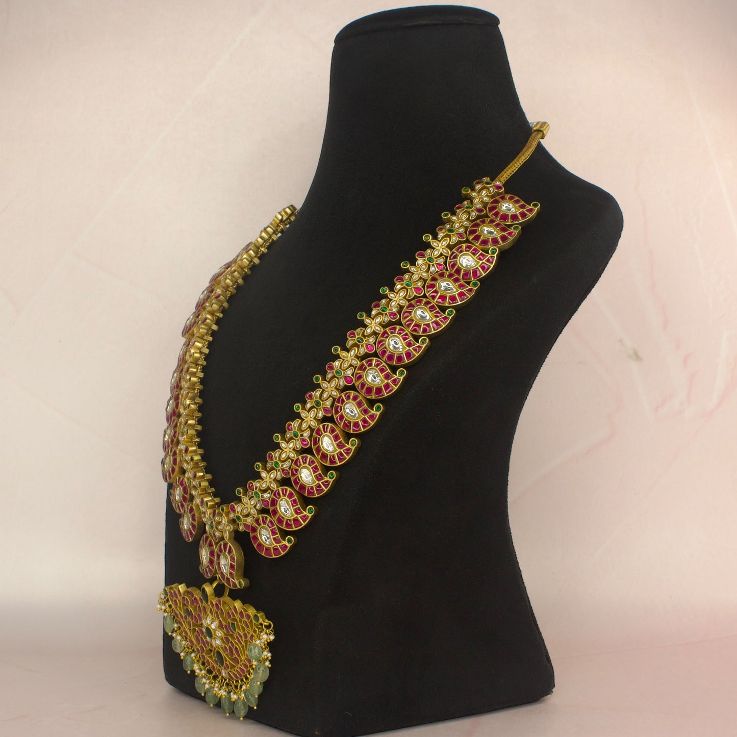 Ruby emerald long mango haram in jadau kundanwith 22k gold plating