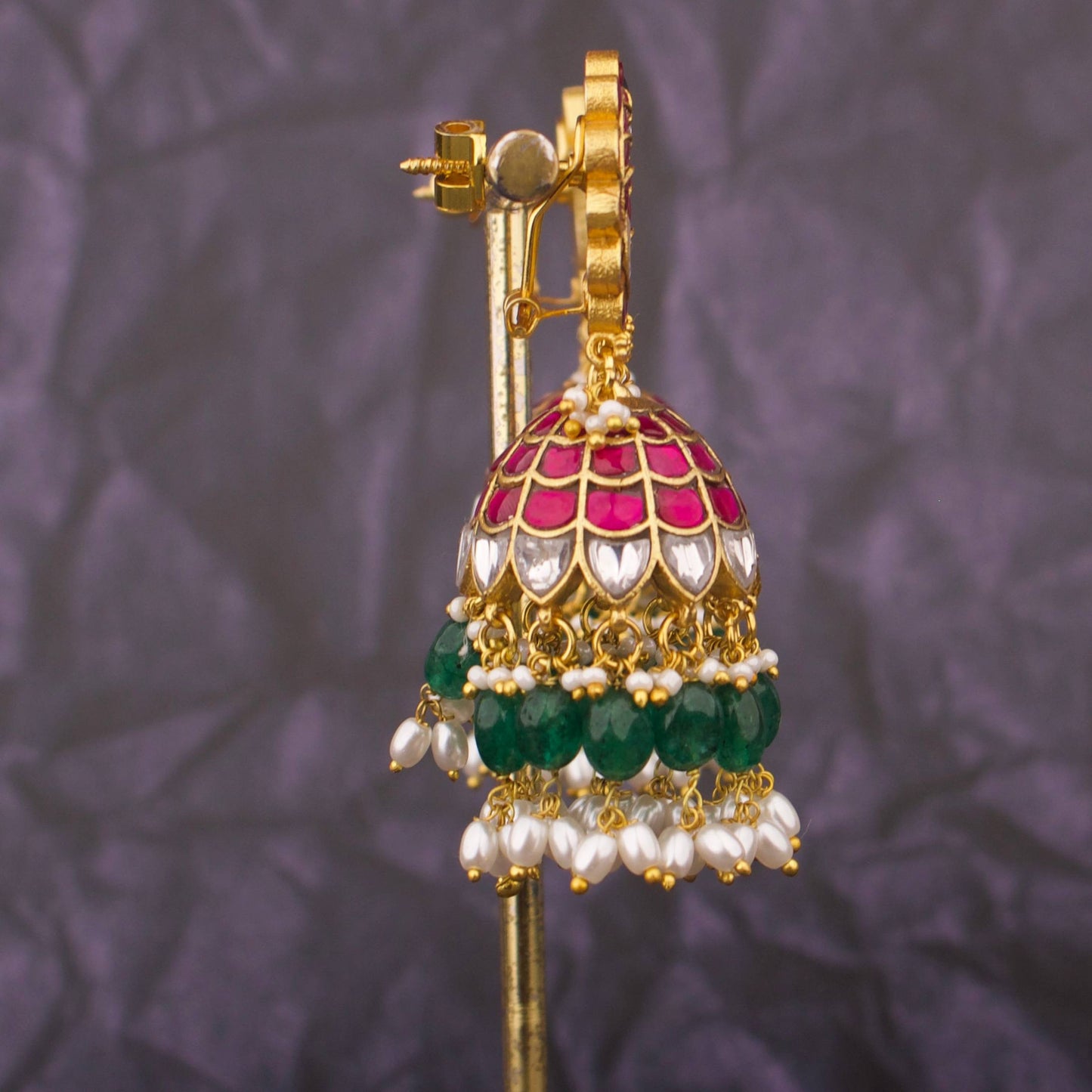 Exquisite Jadau Kundan Studded Jhumki Earrings With Emerald Green Beads And Pearl Drops