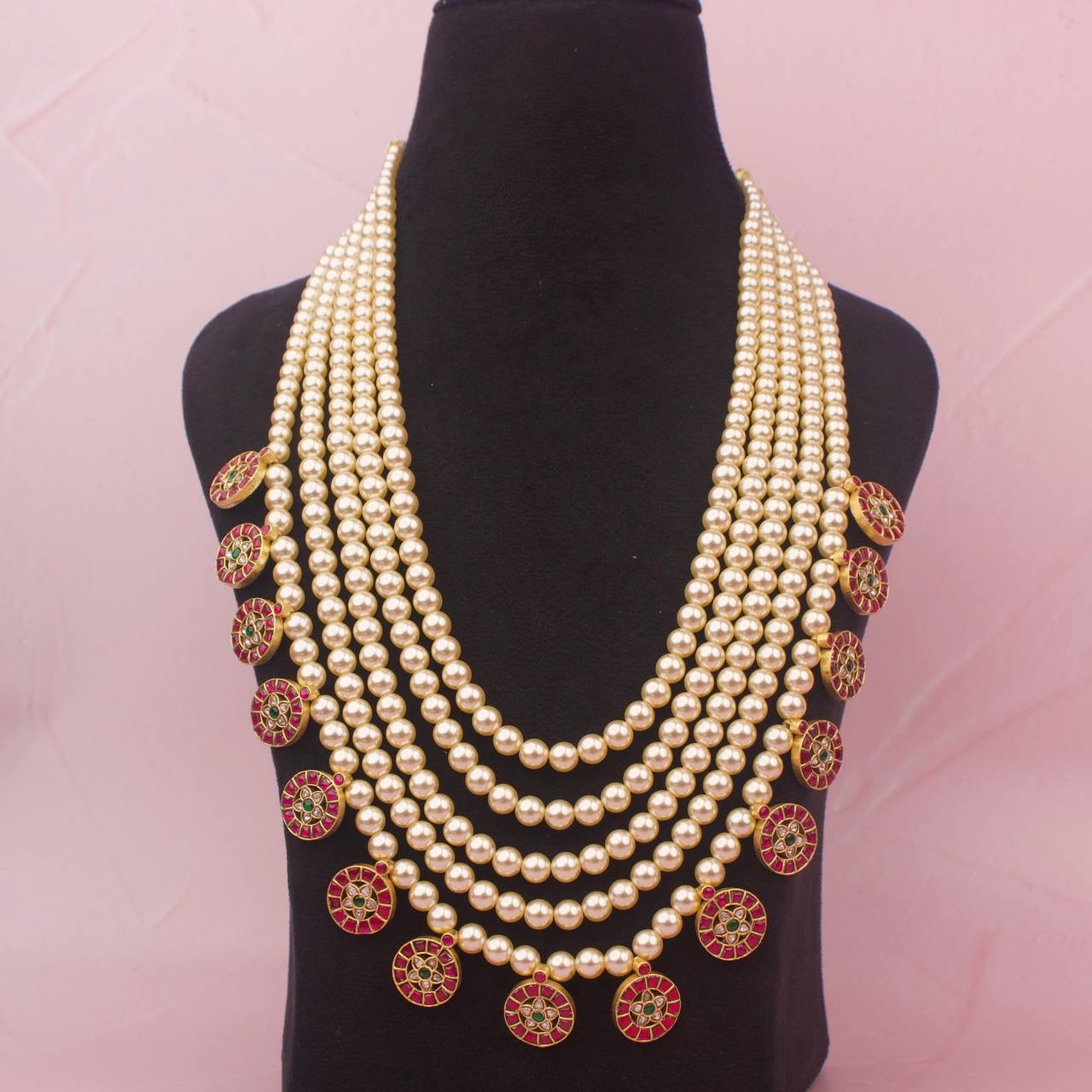 Grand Jadau Kundan Swarovski Pearl Haram With Kundan Lockets